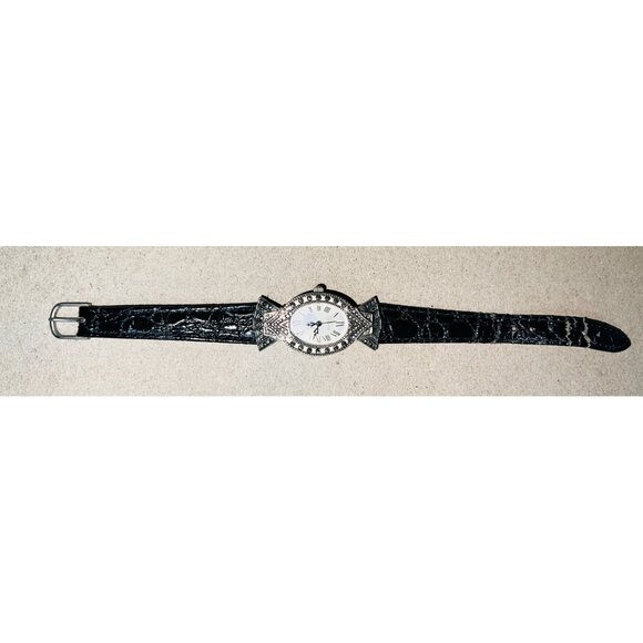 Vintage Pierre Nicol Black Leather Quartz Watch Ornate Silver-Tone Face Roman Nu - Picture 2 of 4